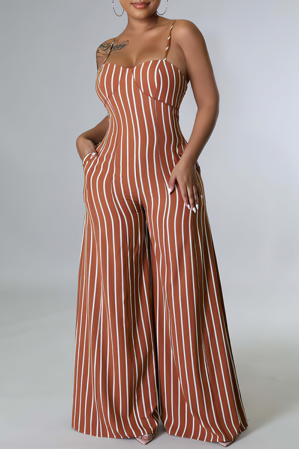 Brown Casual Striped Patchwork Spaghetti Strap Loose Jumpsuits