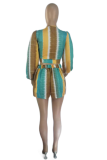 Turquoise Casual Print Patchwork V Neck Long Sleeve Two Pieces