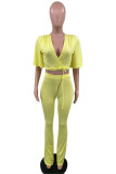 Yellow Fashion Casual Solid Bandage V Neck Short Sleeve Two Pieces