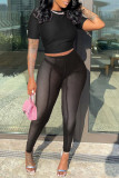 Pink Sexy Solid Patchwork See-through O Neck Short Sleeve Two Pieces