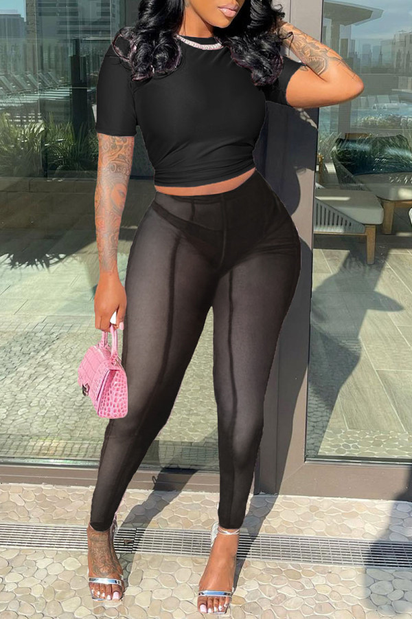 Black Sexy Solid Patchwork See-through O Neck Short Sleeve Two Pieces