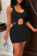 Black Sexy Solid Patchwork Asymmetrical Halter Sleeveless Two Pieces