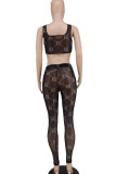 Black Sexy Print Patchwork See-through U Neck Two Pieces