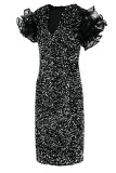Deep Blue Sexy Solid Sequins Patchwork O Neck One Step Skirt Dresses