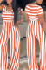 Tangerine Red Casual Striped Print Patchwork O Neck Straight Jumpsuits