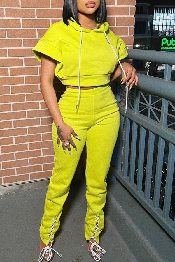 Yellow Casual Solid Patchwork Hooded Collar Short Sleeve Two Pieces