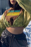 Brown Casual Street Print Patchwork Hooded Collar Tops