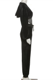 Black Fashion Casual Solid Hollowed Out Patchwork Hooded Collar Long Sleeve Two Pieces