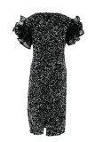 Deep Blue Sexy Solid Sequins Patchwork O Neck One Step Skirt Dresses