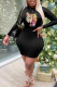 Matte Black Casual Print Patchwork O Neck Pencil Skirt Dresses