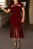 Black Sexy Solid Tassel Hollowed Out Patchwork V Neck Straight Dresses