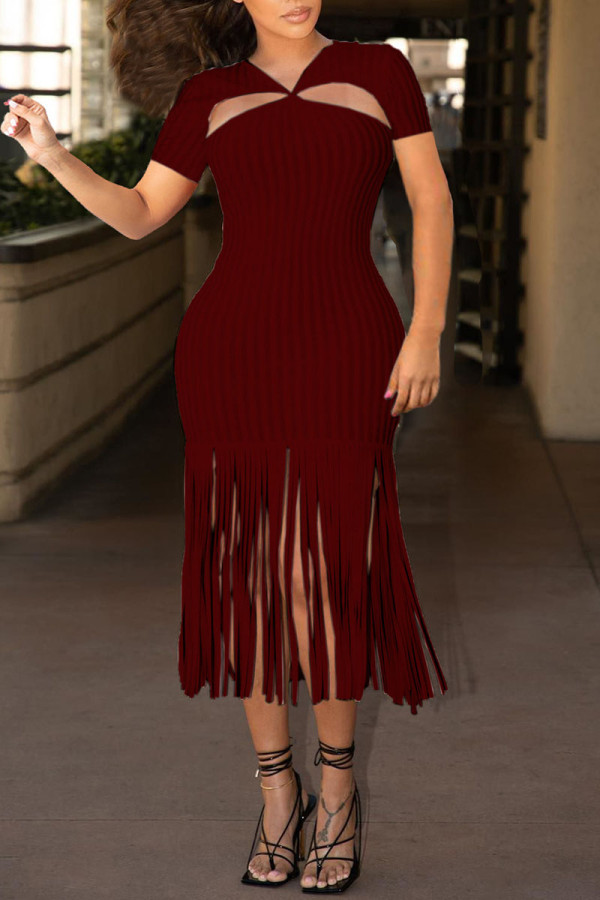 Burgundy Sexy Solid Tassel Hollowed Out Patchwork V Neck Straight Dresses