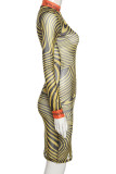 Yellow Sexy Print Patchwork O Neck Dresses