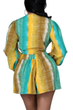 Turquoise Casual Print Patchwork V Neck Long Sleeve Two Pieces