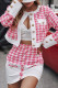 Rose Red Fashion Sweet Plaid Solid Patchwork Buckle Buttons Long Sleeve Two Pieces