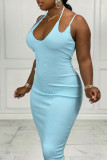 Blue Fashion Sexy Solid Backless V Neck Sling Dress Dresses