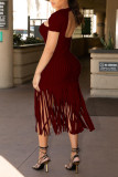 Black Sexy Solid Tassel Hollowed Out Patchwork V Neck Straight Dresses