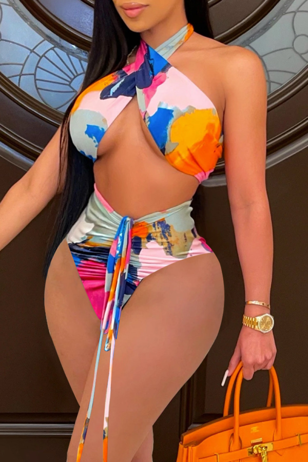 Colour Sexy Print Hollowed Out Draw String Swimwears
