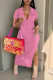 Pink Casual Solid Patchwork Slit V Neck Straight Dresses