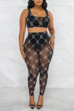 Black Sexy Print Patchwork See-through U Neck Two Pieces