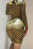 Yellow Sexy Print Patchwork O Neck Dresses