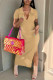 Khaki Casual Solid Patchwork Slit V Neck Straight Dresses