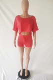 Pink Casual Solid Split Joint O Neck Short Sleeve Two Pieces