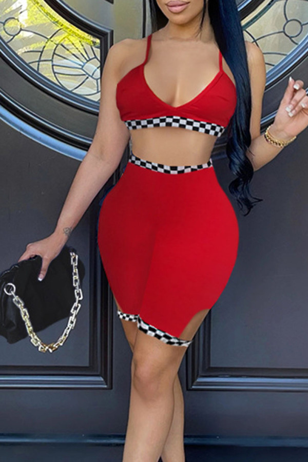 Red Sexy Plaid Print Patchwork Spaghetti Strap Sleeveless Two Pieces