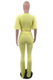 Yellow Fashion Casual Solid Bandage V Neck Short Sleeve Two Pieces
