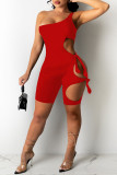 Red Fashion Sexy Solid Bandage Hollowed Out Backless One Shoulder Skinny Romper