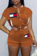 Brown Fashion Street Print Patchwork Mandarin Collar Short Sleeve Two Pieces