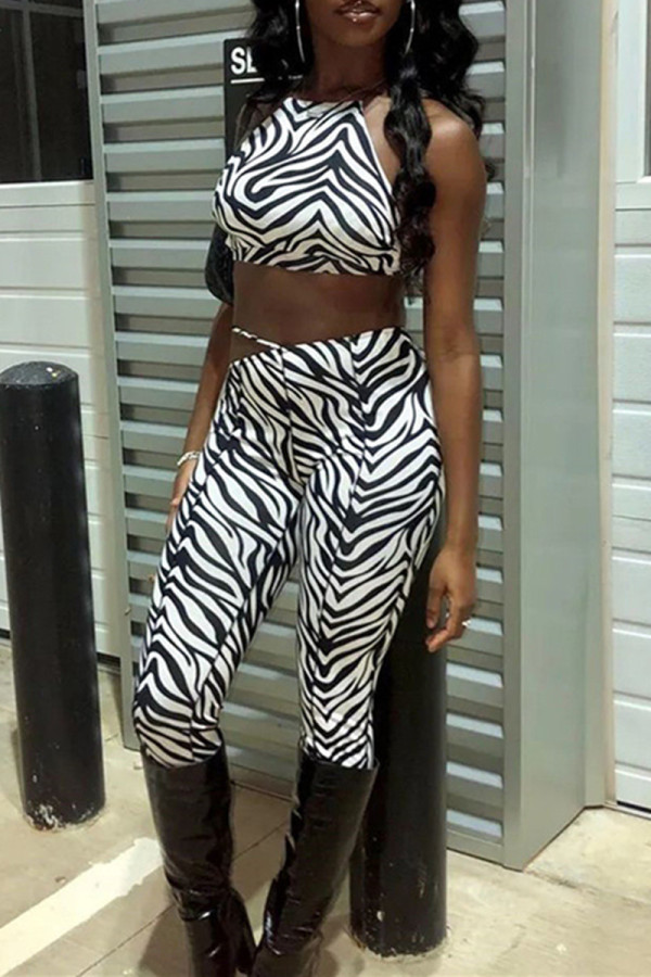 Zebra Fashion Sexy Print Bandage Backless O Neck Sleeveless Two Pieces