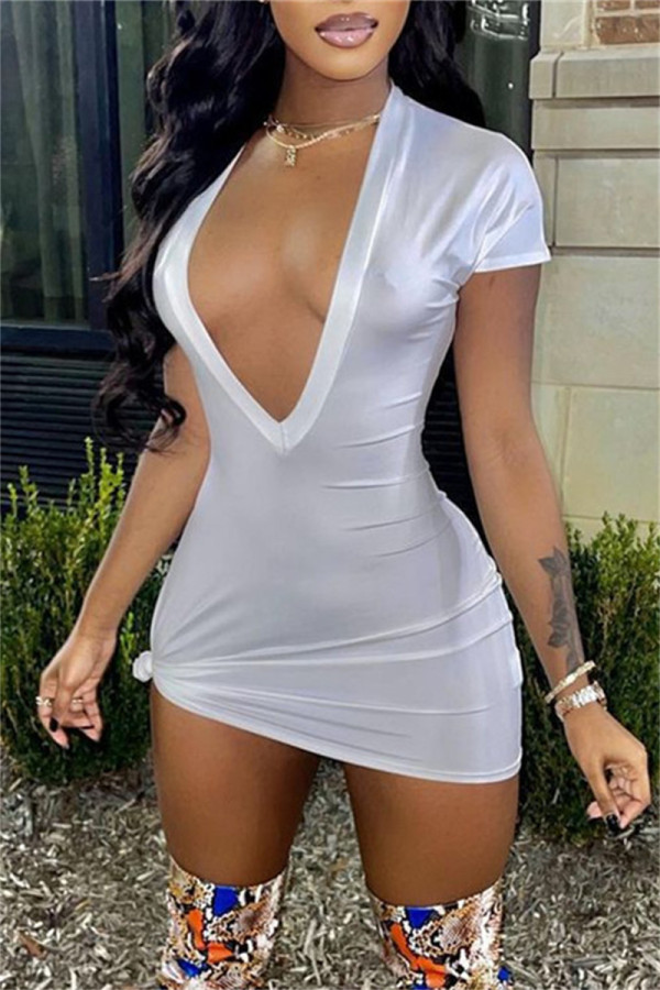 White Sexy Casual Solid Basic V Neck Short Sleeve Dress Dresses