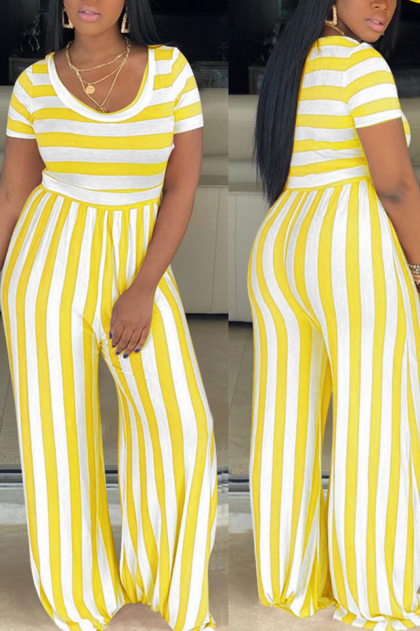 Yellow Casual Striped Print Patchwork O Neck Straight Jumpsuits