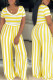 Yellow Casual Striped Print Patchwork O Neck Straight Jumpsuits