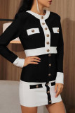 Rose Red Fashion Sweet Plaid Solid Patchwork Buckle Buttons Long Sleeve Two Pieces
