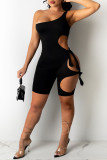 Red Fashion Sexy Solid Bandage Hollowed Out Backless One Shoulder Skinny Romper