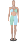 Turquoise Sexy Solid Patchwork Halter Sleeveless Two Pieces