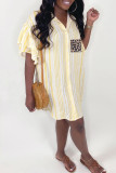 Yellow Lightly cooked Black Pink Yellow Shirt sleeves Short Sleeves V Neck A leaf skirt Knee-Length Striped Leopard ruffle Dresses
