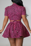 Fuchsia Fashion Sexy Print Bandage Hollowed Out Half A Turtleneck Short Sleeve Two Pieces