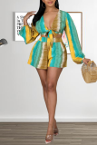 Turquoise Casual Print Patchwork V Neck Long Sleeve Two Pieces