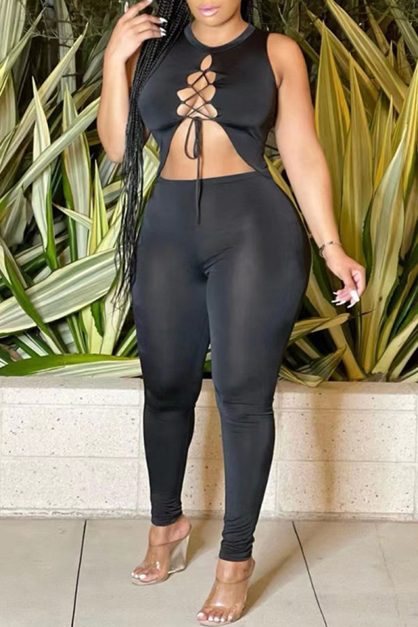 Black Sexy Casual Solid Hollowed Out Frenulum O Neck Skinny Jumpsuits