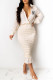 Cream White Fashion Elegant Print Fold V Neck One Step Skirt Dresses