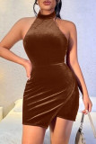 Pink Fashion Sexy Solid Patchwork Backless Halter Sleeveless Dress