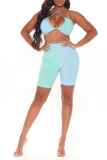Turquoise Sexy Solid Patchwork Halter Sleeveless Two Pieces
