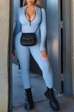 Blue Casual Solid Patchwork Zipper Collar Skinny Jumpsuits