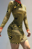 Yellow Sexy Print Patchwork O Neck Dresses