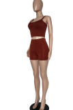 Brown Sexy Solid Split Joint Spaghetti Strap Sleeveless Two Pieces