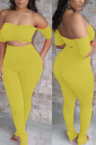 Yellow Sexy Solid Split Joint Fold Off the Shoulder Short Sleeve Two Pieces