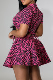 Fuchsia Fashion Sexy Print Bandage Hollowed Out Half A Turtleneck Short Sleeve Two Pieces